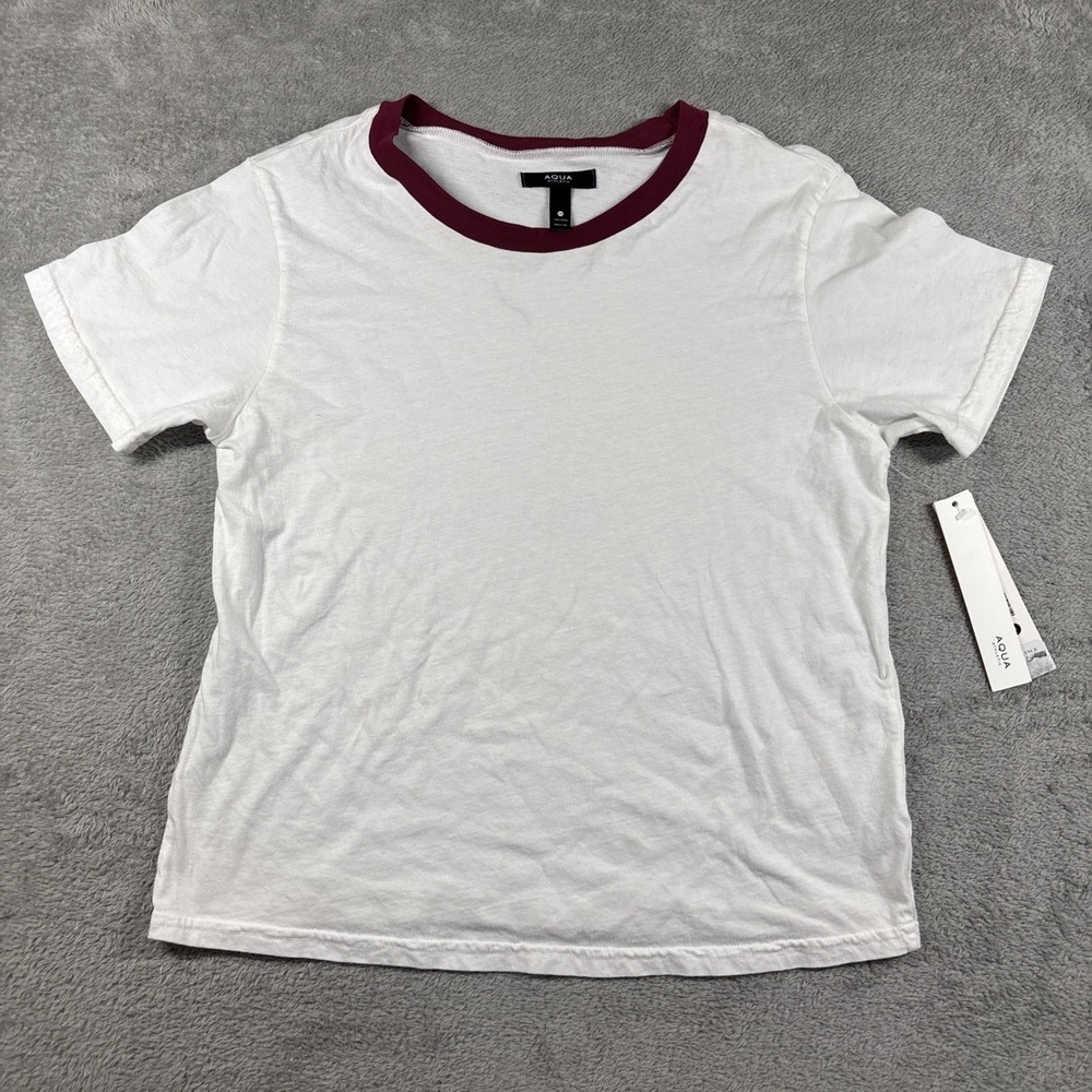 AQUA Athletic Short Sleeve Ringer Tee White/ Burgundy Women's Size M New *READ*